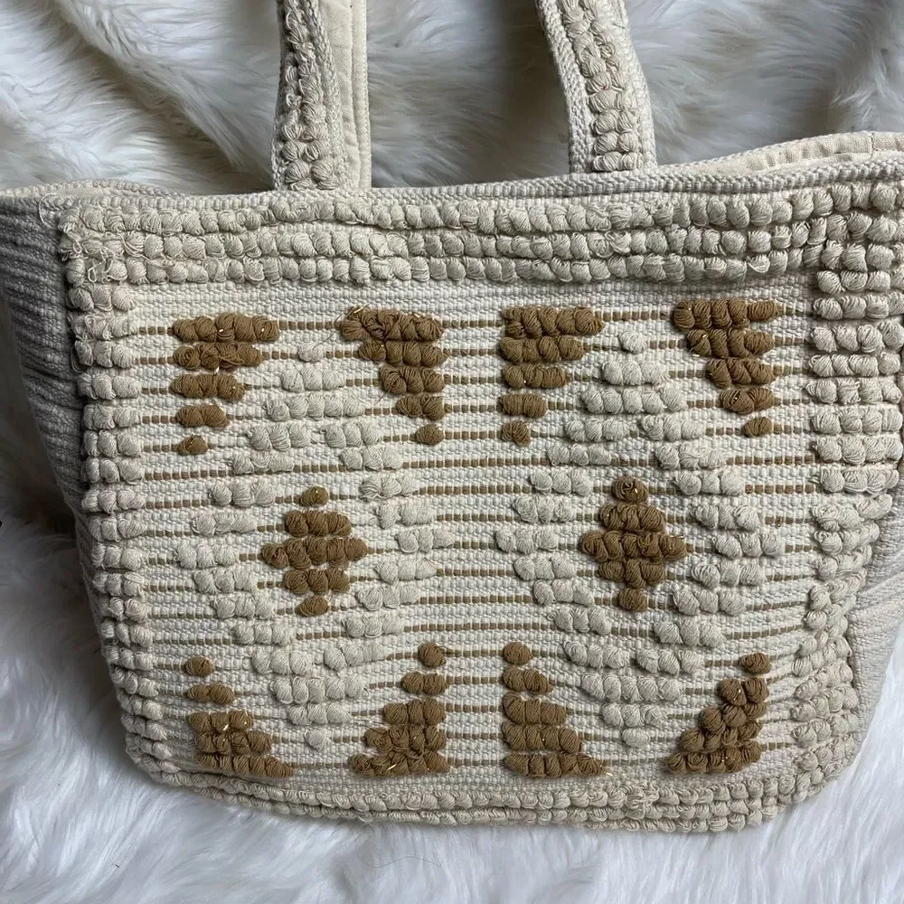 Evelyn K Hobo beige cotton extra large tote with brown and gold stitchin…